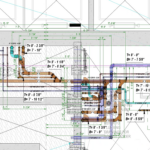 FlowStruct – Plumbing Floor Plan.
Annotated plumbing floor plan with full system dimensions, fixture connections, and coordinated routing for CW, HW, HWR, SAN, and VENT piping.