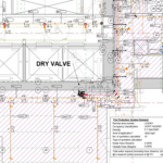 FlowStruct – Fire Protection Layout
Fire protection system layout, including sprinkler line annotations, prefabrication notes, dimensional coordination, and hanger placement for suspended piping.