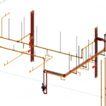 FlowStruct – Fire Protection Modeling & Hanger Layout
Remodeling of the fire protection system based on DWG backgrounds, including full routing reconstruction and hanger placement for all suspended FP piping.