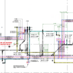 Plumbing floor plan showing all hydraulic systems, including domestic cold water, hot water, hot-water return, sanitary, vent, storm, and gas piping.
The drawing includes pipe routing, system labeling, sizes, and detailed top/bottom-of-pipe elevations.
This coordinated view illustrates multi-system plumbing installation on a single floor, including equipment connections, isolation valves, and the emergency gas shutoff valve.