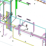 3D plumbing model showing coordinated cold-water and hot-water piping, including risers, branch connections, fixture rough-ins, and ceiling-level routing.
The view illustrates accurate placement of CW/HW systems, pipe sizing, elevations, and coordination with sanitary and vent piping within the building structure.