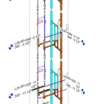 Creation of plumbing riser views using scope boxes, including full tagging of vertical pipes and updating pipe diameters according to contractor documentation.
The model illustrates coordinated CW, HW, HWR, sanitary, and vent risers with accurate elevations, labels, and system transitions across multiple floors.