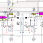 Mechanical ventilation layout showing detailed annotation of supply, return, and exhaust ductwork, including sizing, airflow (CFM) data, and tagging of ventilation units such as FCUs and registers.
The view highlights coordinated routing, elevation labeling, and clear dimensioning to ensure accurate installation and compliance with mechanical design requirements.