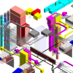 Three-dimensional coordination view showing detailed modeling of mechanical piping, ductwork, and equipment connections.
Includes accurate routing of supply, return, exhaust, and condenser systems, ensuring full spatial coordination between mechanical, structural, and architectural elements.