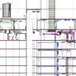 Creation of North–South and East–West section views for the mechanical model, showing full vertical coordination between ductwork, mechanical piping, equipment rooms, and structural elements.
The sections illustrate system routing across multiple floors, with detailed alignment, clearances, and spatial relationships necessary for contractor review and construction planning.