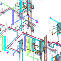 FlowStruct – Domestic Water Modeling & Coordination.
Modeling of hot and cold water systems with full valve installation, coordinated with mechanical ventilation routing and supported by hanger layouts for all suspended piping.